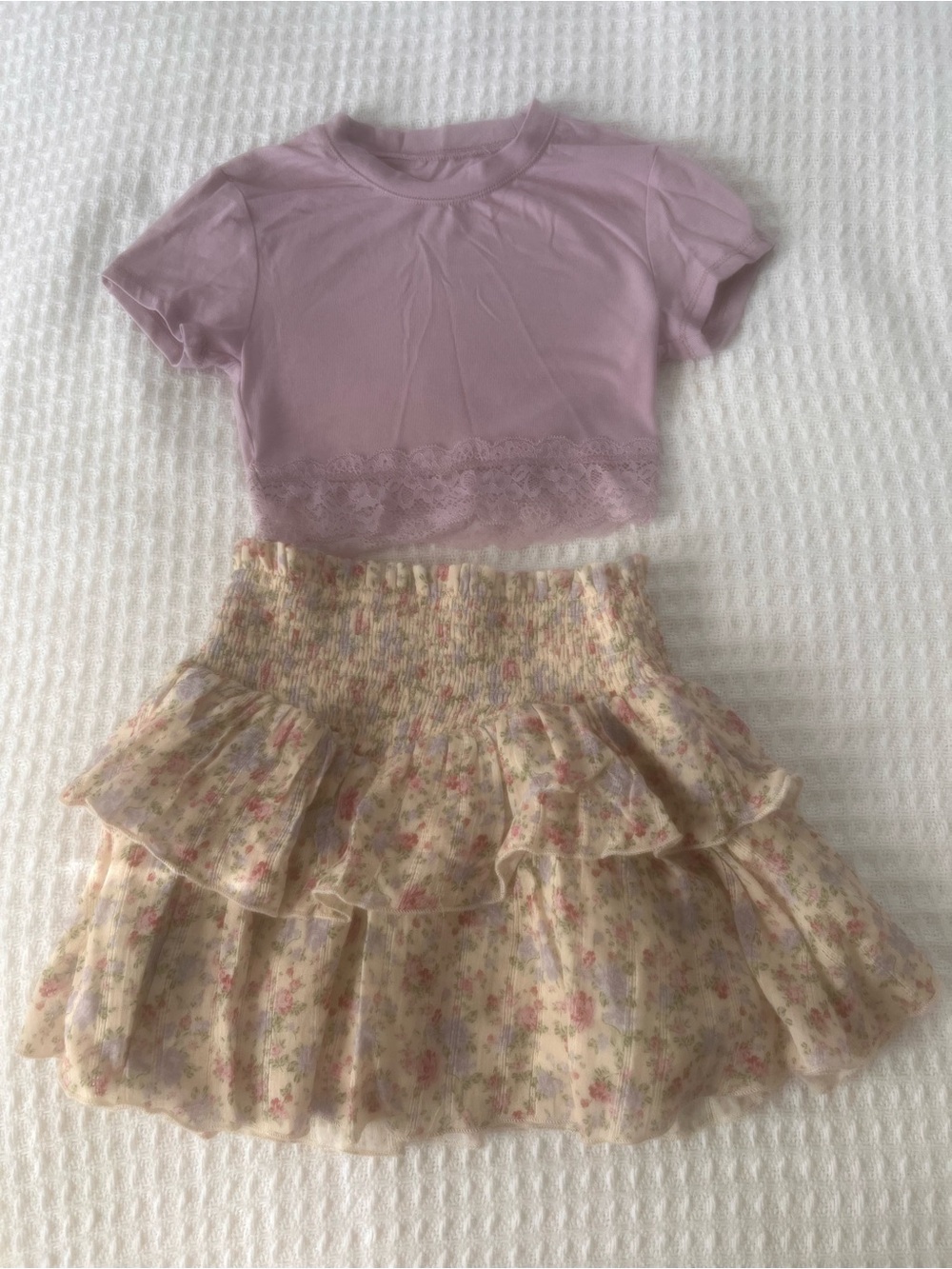 Katie J NYC Cream and lavender Floral skirt and lavender smocked top